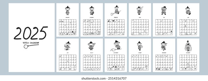 Funny witch calendar for 2025. Character concept. Vector illustration.