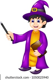 funny witch cartoon standing bring stick and book