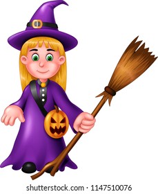 funny witch cartoon standing bring broom with waving on white background