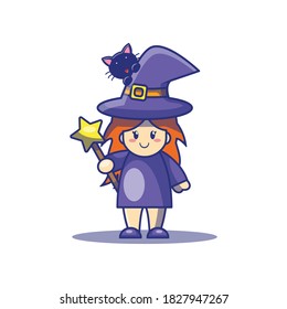 Funny Witch And Cat Illustration Design. Happy Halloween Icon Concept. Flat Cartoon Style Suitable for Web Landing Page, Banner, Sticker, Background