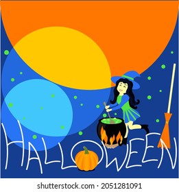 Funny witch with a cauldron on a background of colorful circles with text for an invitation to a party or sale. Vector illustration.