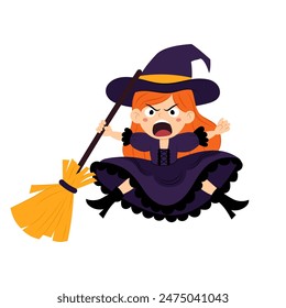 Funny witch character with a broom. Witch in flat style on a white background. Halloween. Cartoon kids Halloween character.