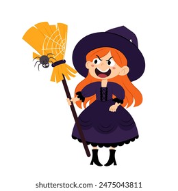 Funny witch character with broom and spider. Witch in flat style on a white background. Halloween. Cartoon kids Halloween character.