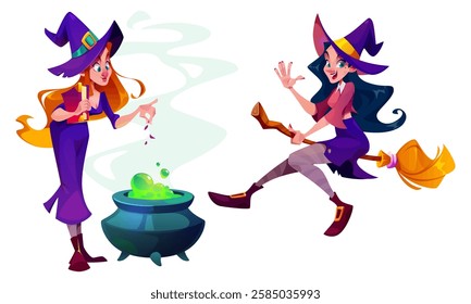 Funny witch characters set isolated on white background. Vector cartoon illustration of woman in gothic hat cooking potion in cauldron, spell book in hand, flying on broom, Halloween party mascots