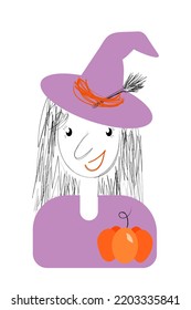Funny witch, a combination of linear pattern and colored spots. Children's doodle style. Halloween. Magic, witch, pumpkin, pointy hat