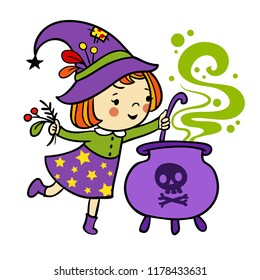 Funny witch is cooking something poisonous in her cauldron on a white background. Halloween vector character in a cartoon style.