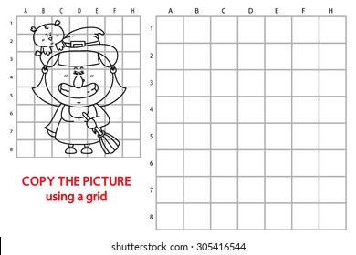 funny witch game. Vector illustration of grid copy puzzle with happy cartoon witch for children