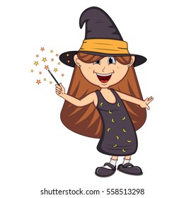 Funny witch, girl with halloween outfit cartoon vector illustration