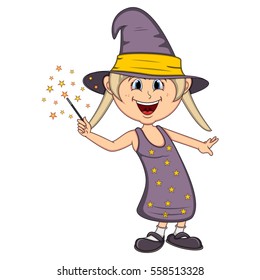 Funny witch, girl with halloween outfit cartoon vector illustration