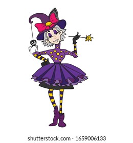 A funny witch in a hat with a big bow and a dangling spider, holding a magic wand .Vector design for postcard banners .Halloween Party.on a white isolated background