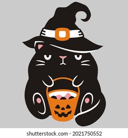 funny witch hat black cat candy bucket halloween wo design vector illustration for use in design and print wall art poster canvas