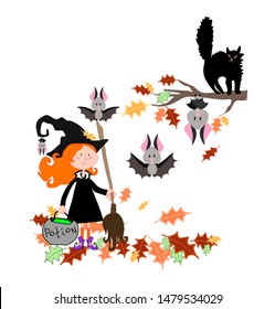 Funny witch in hat with broom, black cat bats and potion pot Halloween vector illustration for kids 