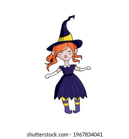 Funny witch in a hat . Festive design for Halloween. Vector illustration isolated on a white background.