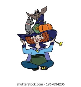 Funny witch in a hat on which sits a cat owl and pumpkin. Festive design for Halloween. Vector illustration isolated on a white background.