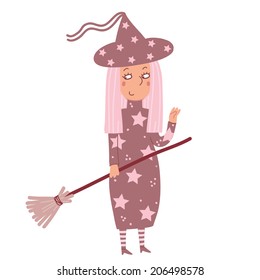 Funny witch with pink hair and a broom on Halloween