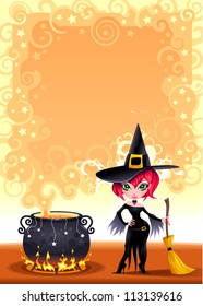 Funny witch with pot. Cartoon and vector illustration.  Proportions in A3 - A4 - 50x70