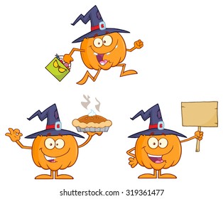 Funny Witch Pumpkin Cartoon Character 4. Vector Collection Set
