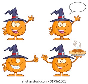 Funny Witch Pumpkin Cartoon Character 1. Vector Collection Set
