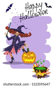 funny witch with a pumpkin and a pot of potion. Happy Halloween vector illustration.
