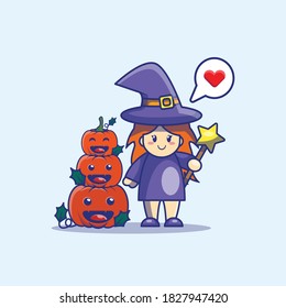 Gracioso Diseño De Ilustración De Vectores De Brujas Y Calabaza. Feliz Concepto de Icono de Halloween. Estilo de caricatura plano adecuado para la página de aterrizaje web, pancarta, adhesivo, fondo