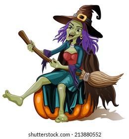 Funny witch sits on a pumpkin 