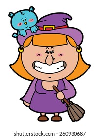 funny Witch. vector illustration of kawaii Witch with broomstick in hand and with an owl on her hat