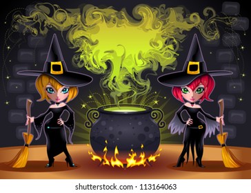 Funny witches with pot. Cartoon and vector illustration.  Proportions in A3 - A4 - 50x70