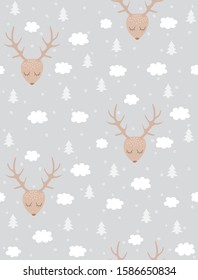 Funny Witer Seamless Vector Patern with Cute Deers, White Fluffy Cloud and Christmas Trees Isolated on a Snowy Gray Background. Lovely Deer Heads with Antlers. Simple Infantile Style Christmas Print.