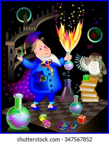 Funny wizard doing alchemy, vector cartoon image.  