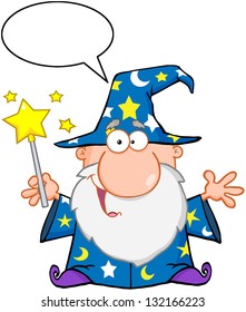 Funny Wizard Waving With Magic Wand And Speech Bubble