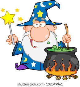 Funny Wizard Waving With Magic Wand And Preparing A Potion