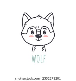 funny wolf in  cartoon style. Flat animal. Doodle illustration of wolf head for cards, magazins, banners. Vector