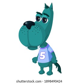 Funny wolf in cartoon style isolated on white background. The animal is dressed in a T-shirt and stands on its hind legs. Character in green and blue. Vector.