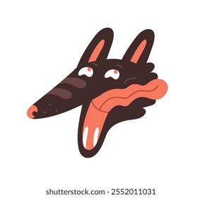 Funny wolf character with tongue out and open mouth. Joyful happy excited quirky animal avatar, playful snout expression. Emotional portrait. Flat vector illustration isolated on white background