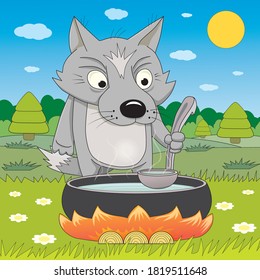 Funny wolf chef prepares food on the fire