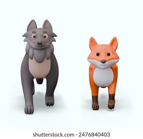 Divertido lobo y zorro en 3D estilo de dibujos animados. Par de depredadores. Animales salvajes aislados, vista frontal