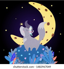 Funny Wolf Howl at Moon. Funny Kawaii Baby Wolfling Cub in Flower Wreath with Glowing Star on Nose Stand on Field with Plants under Starry Sky Howling at Night Time, Cartoon Flat Vector Illustration
