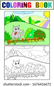 A funny wolf looks out over the fence. Set of coloring book and color sketch for example. Vector illustration.