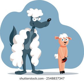
Lobo Engraçado de Pé ao Lado de um Desenho Animado Vetor Ovelha Nua. Animal selvagem malvado tentando se misturar e enganar o resto 
