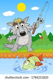 Funny wolf unsuccessfully catches fish in the river