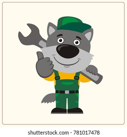 Funny wolf in wearing overalls with the large wrench on her shoulder in cartoon style.