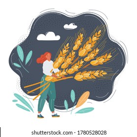 Funny woman agricultural worker character with harvest of golden wheat grain on dark peaceful background. Food safety and organic farming and healthy illustration.