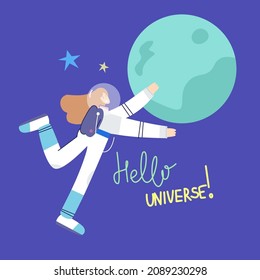 Funny woman astronaut travels in space.The astronaut is flying to the planet. Lettering - Hello universe! Fun space exploration. Hand drawn vector illustration isolated on blue background