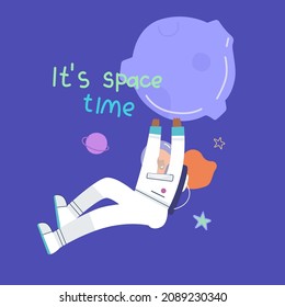 Funny woman astronaut travels in space. Astronaut and planet. Lettering - It's space time. Fun space exploration. Hand drawn vector illustration isolated on blue background