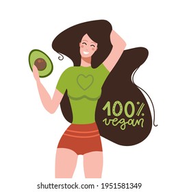 Funny woman with avocado fruit with lettering quote - 100 percent vegan. Healthy food concept. Cartoon colorful vector illustrationt for sticker, card, mug, brochure, poster