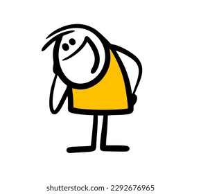 Funny woman bowed her head and laughs at  joke. Vector illustration of a funny stickman.