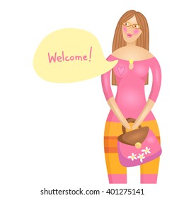 Funny woman characters. Tilda doll. Welcome sign in the speech bubble.