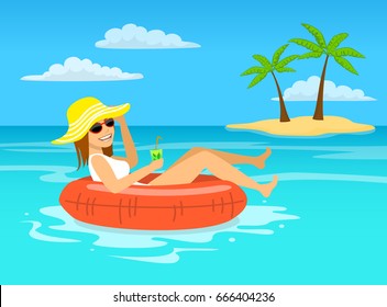 funny woman with cocktail relaxing floating on inflatable inner ring in tropical ocean water, happy summer vacations vector illustration