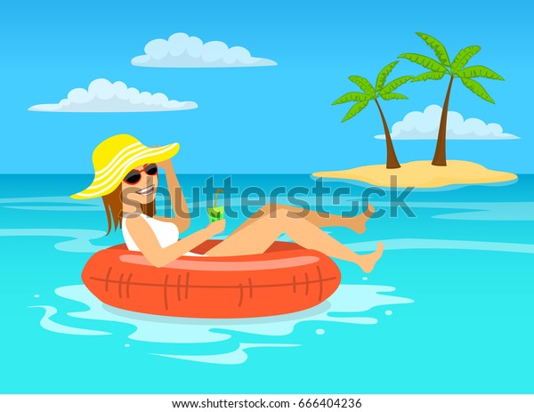 funny woman with cocktail relaxing floating\
on inflatable inner ring in tropical ocean water, happy summer\
vacations vector\
illustration