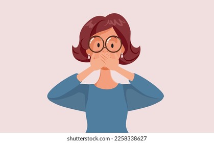 
Funny Woman Covering her Mouth to Keep Secrets Vector Cartoon Illustration. Polite lady reacting in shock to a astonishing news 
